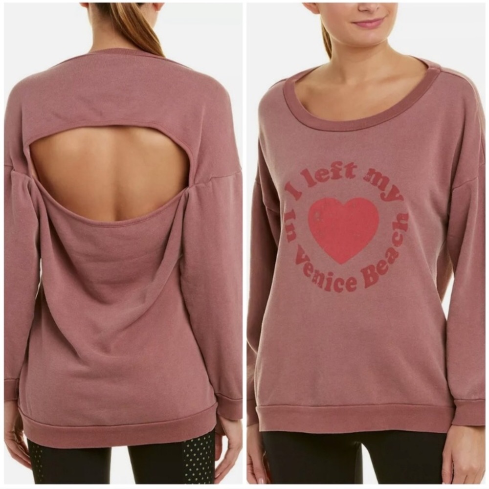 NWT Avocado Dusty Pink Open Back Crew Neck Graphic Heart Venice Beach Sweater